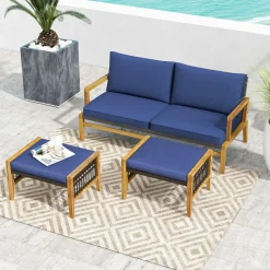 Tangkula Set of 2 Outdoor Ottomans, Patio Acacia Wood Ottomans with Cushions (Navy)