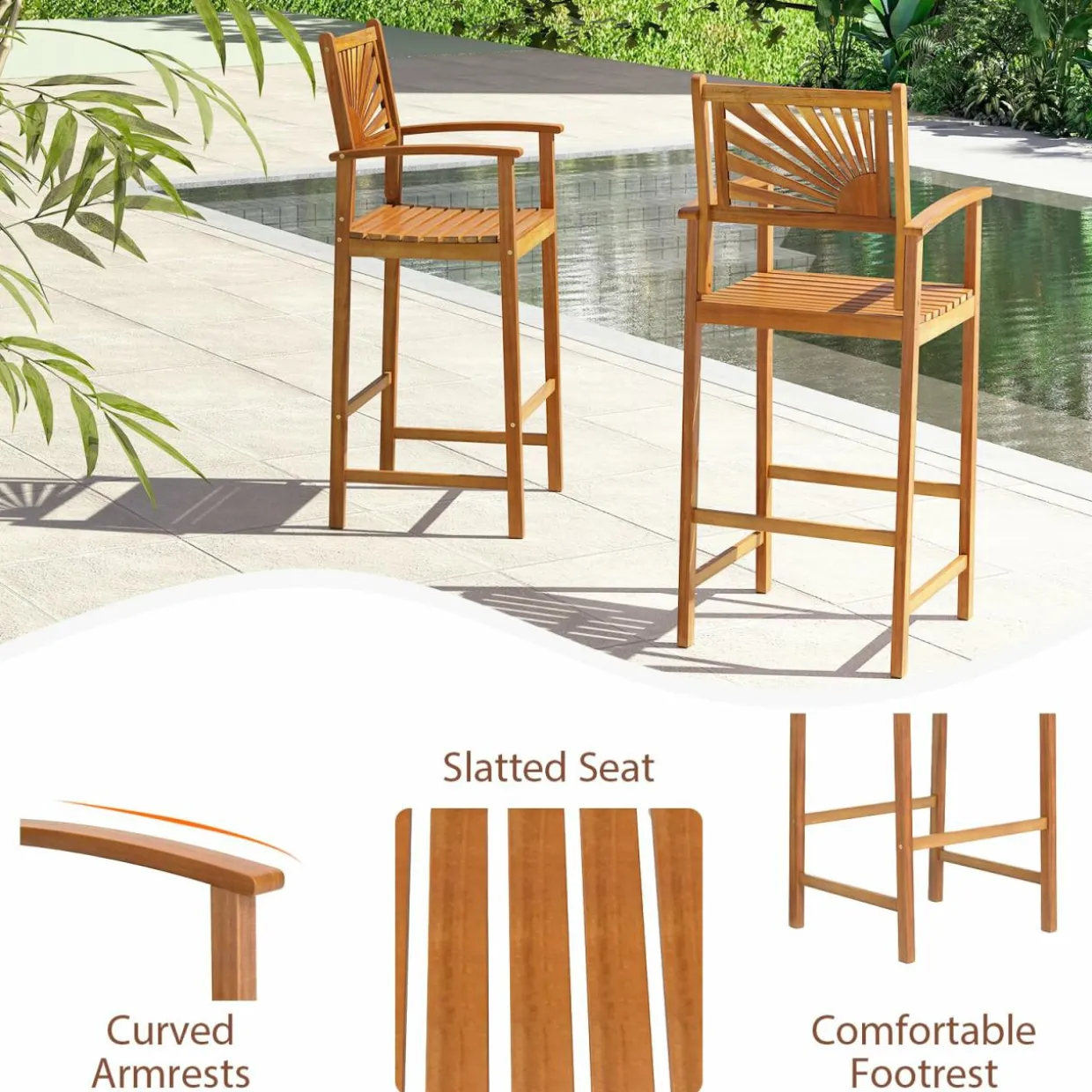 Tangkula Set of 2/4 Outdoor Acacia Wood Bar Stools, Bar Height Patio Chairs with Backrests