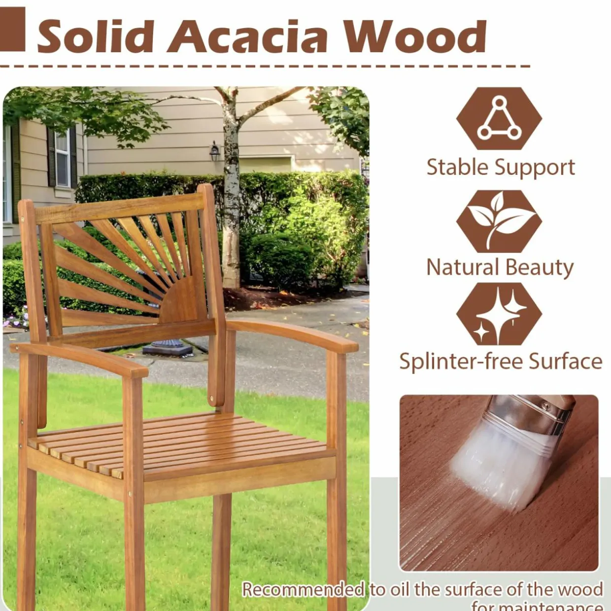 Tangkula Set of 2/4 Outdoor Acacia Wood Bar Stools, Bar Height Patio Chairs with Backrests