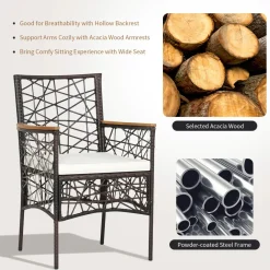 Tangkula Set of 2 Outdoor Dining Chairs, Patio Bistro Chairs with Acacia Wood Armrests and Soft Cushions