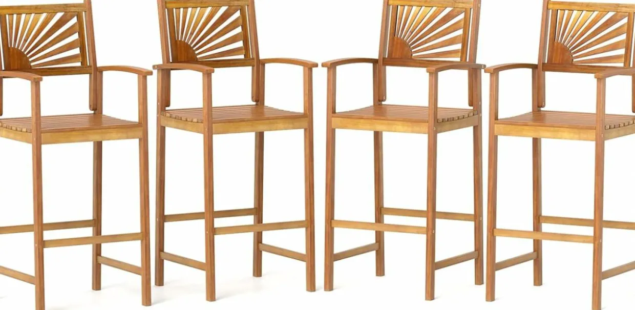 Tangkula Set of 2/4 Outdoor Acacia Wood Bar Stools, Bar Height Patio Chairs with Backrests