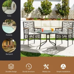 Tangkula Set of 2 Outdoor Dining Chairs, Patio Bistro Chairs with Acacia Wood Armrests and Soft Cushions