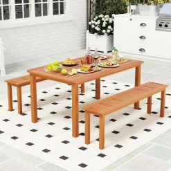 Tangkula Set of 3 Patio Dining Set for 4, Solid Wood Dining Table with 2 Benches