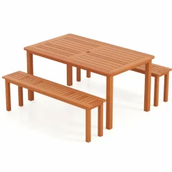 Tangkula Set of 3 Patio Dining Set for 4, Solid Wood Dining Table with 2 Benches
