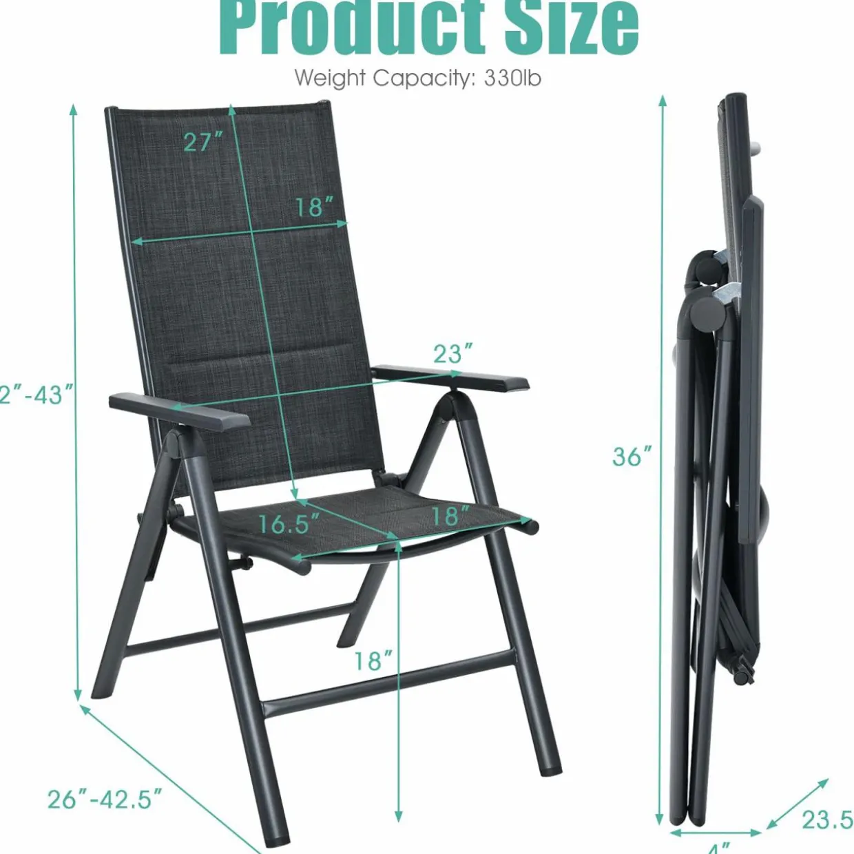 Tangkula Set of 2 Patio Dining Chairs, Portable Sling Back Chairs with Aluminum Frame, High Back Recliner with 7 Adjustable Positions