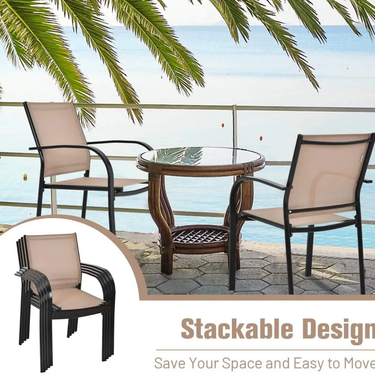 Tangkula Set of 2 Patio Dining Chairs, Outdoor Stackable Chairs with Armrests