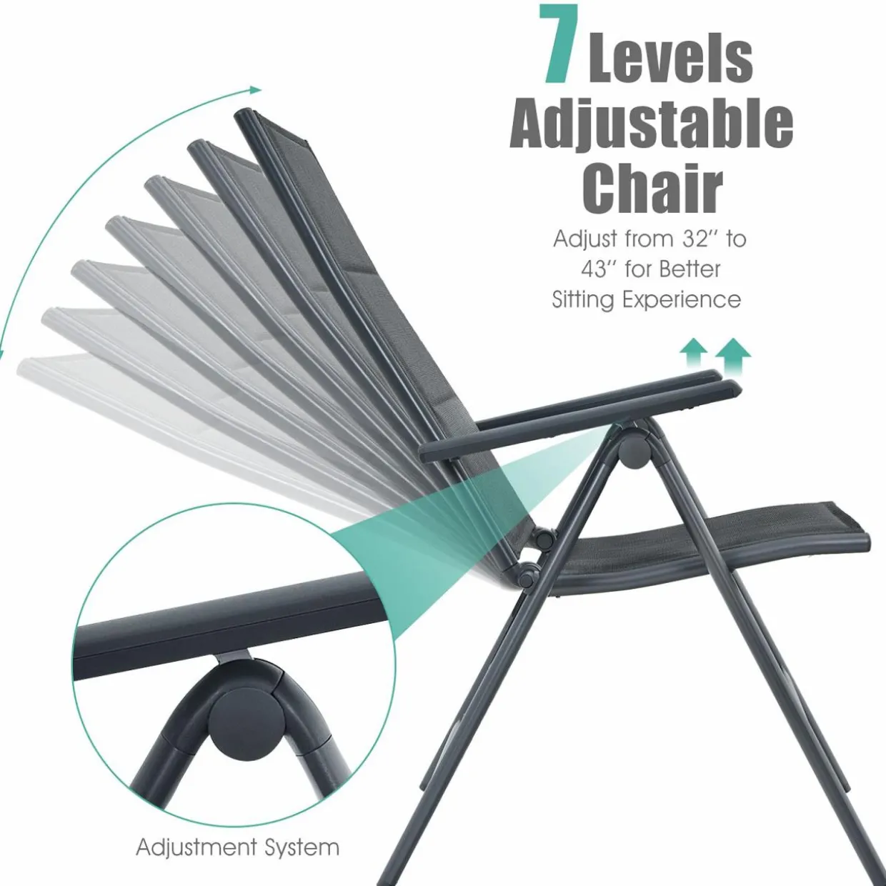 Tangkula Set of 2 Patio Dining Chairs, Portable Sling Back Chairs with Aluminum Frame, High Back Recliner with 7 Adjustable Positions