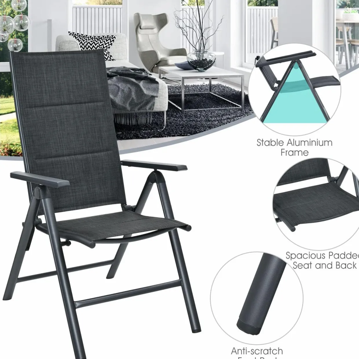 Tangkula Set of 2 Patio Dining Chairs, Portable Sling Back Chairs with Aluminum Frame, High Back Recliner with 7 Adjustable Positions