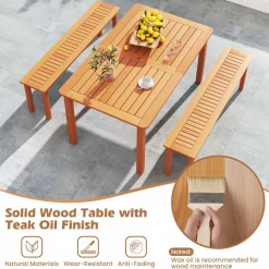 Tangkula Set of 3 Patio Dining Set for 4, Solid Wood Dining Table with 2 Benches