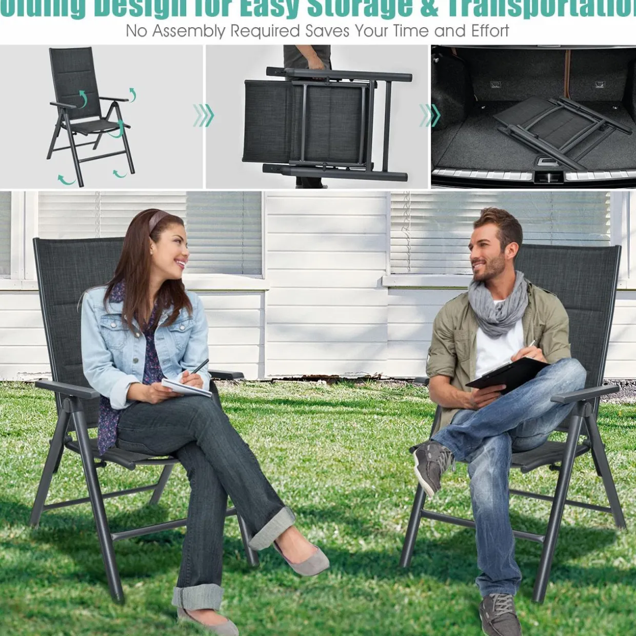 Tangkula Set of 2 Patio Dining Chairs, Portable Sling Back Chairs with Aluminum Frame, High Back Recliner with 7 Adjustable Positions