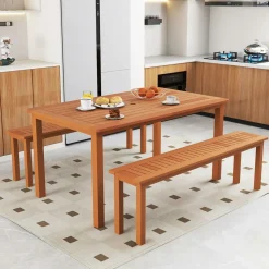 Tangkula Set of 3 Patio Dining Set for 4, Solid Wood Dining Table with 2 Benches