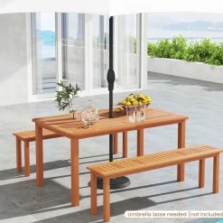 Tangkula Set of 3 Patio Dining Set for 4, Solid Wood Dining Table with 2 Benches
