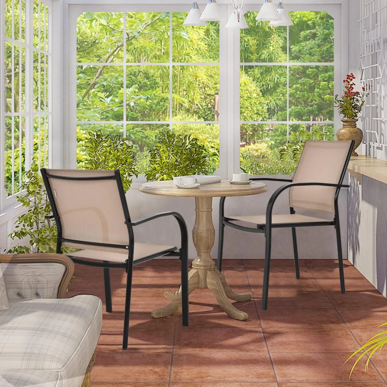 Tangkula Set of 2 Patio Dining Chairs, Outdoor Stackable Chairs with Armrests