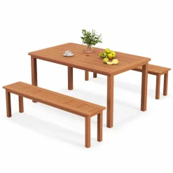Tangkula Set of 3 Patio Dining Set for 4, Solid Wood Dining Table with 2 Benches