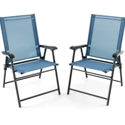 Tangkula Set of 2 Patio Folding Chairs, Portable Sling Back Chairs with Armrests and Metal Frame