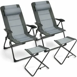 Tangkula Set of 2 Patio Folding Chairs & Ottoman, Padded Lawn Dining Chair Set with 7-Level Adjustable Backrest