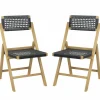 Tangkula Set of 2 Patio Folding Chairs, Solid Teak Wood Dining Chairs with Woven Rope Seat & Back