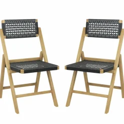 Tangkula Set of 2 Patio Folding Chairs, Solid Teak Wood Dining Chairs with Woven Rope Seat & Back