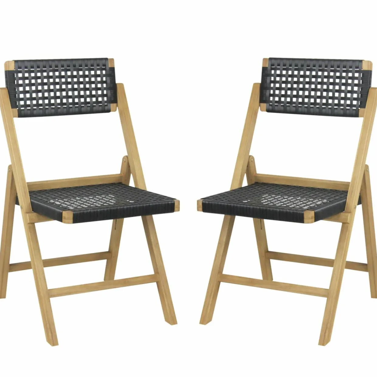 Tangkula Set of 2 Patio Folding Chairs, Solid Teak Wood Dining Chairs with Woven Rope Seat & Back