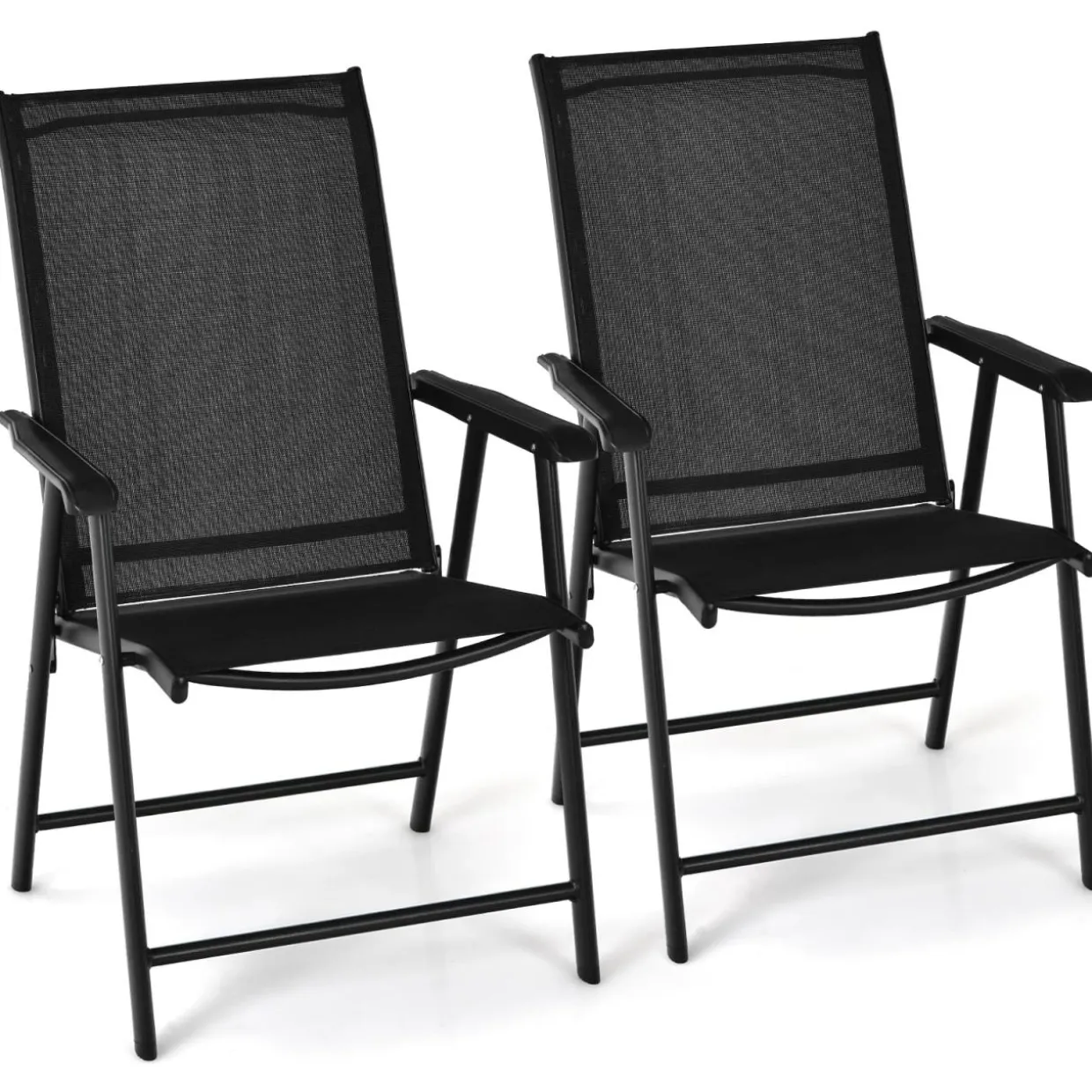 Tangkula Set of 2 Patio Folding Chairs, Fabric Dining Chairs with High Back & Armrests