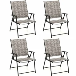 Tangkula Set of 4 Patio Folding Chairs, Outdoor Wicker Dining Chairs with Armrests (4, Mix Gray)