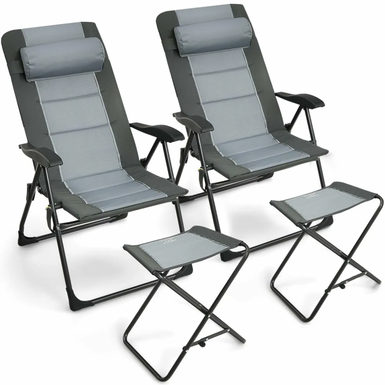 Tangkula Set of 2 Patio Folding Chairs & Ottoman, Padded Lawn Dining Chair Set with 7-Level Adjustable Backrest