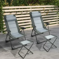 Tangkula Set of 2 Patio Folding Chairs & Ottoman, Padded Lawn Dining Chair Set with 7-Level Adjustable Backrest