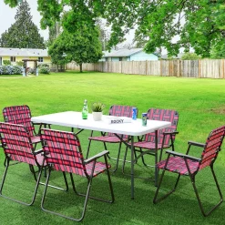 Tangkula Set of 6 Patio Folding Chairs, Outdoor Folding Lawn Chair Set with Armrest, Heavy Duty Steel Frame