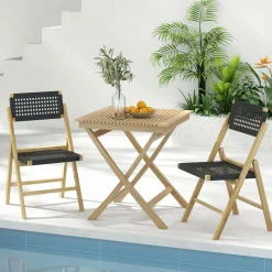 Tangkula Set of 2 Patio Folding Chairs, Solid Teak Wood Dining Chairs with Woven Rope Seat & Back