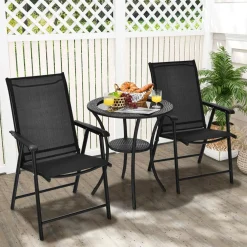 Tangkula Set of 2 Patio Folding Chairs, Fabric Dining Chairs with High Back & Armrests