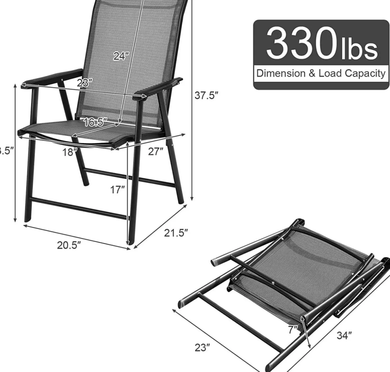 Tangkula Set of 2 Patio Folding Chairs, Fabric Dining Chairs with High Back & Armrests
