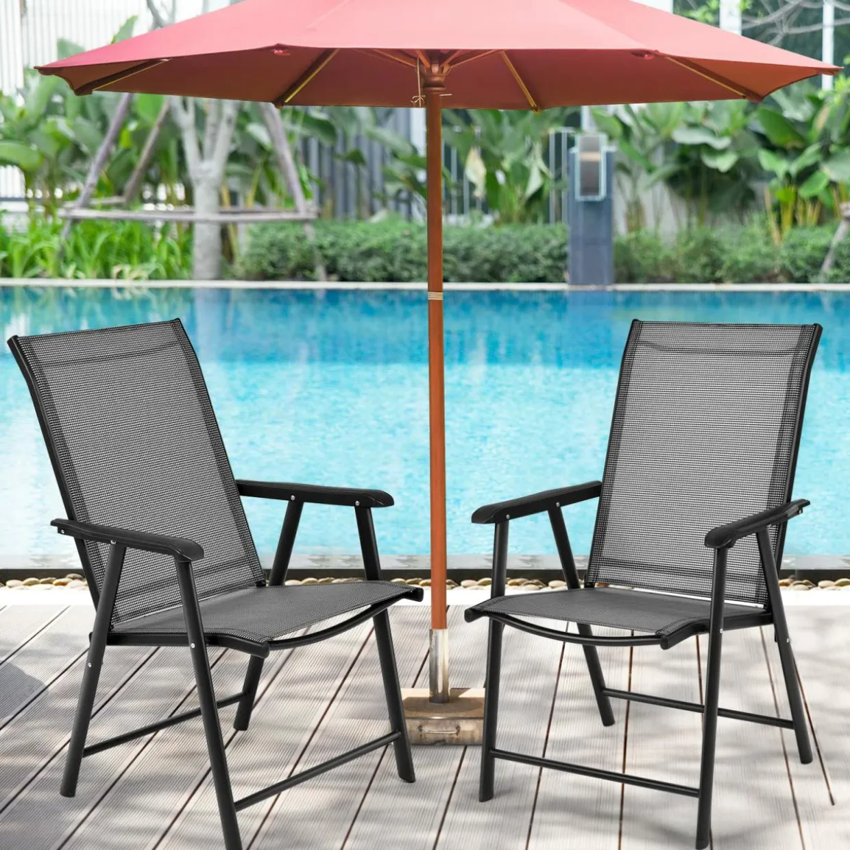 Tangkula Set of 2 Patio Folding Chairs, Fabric Dining Chairs with High Back & Armrests