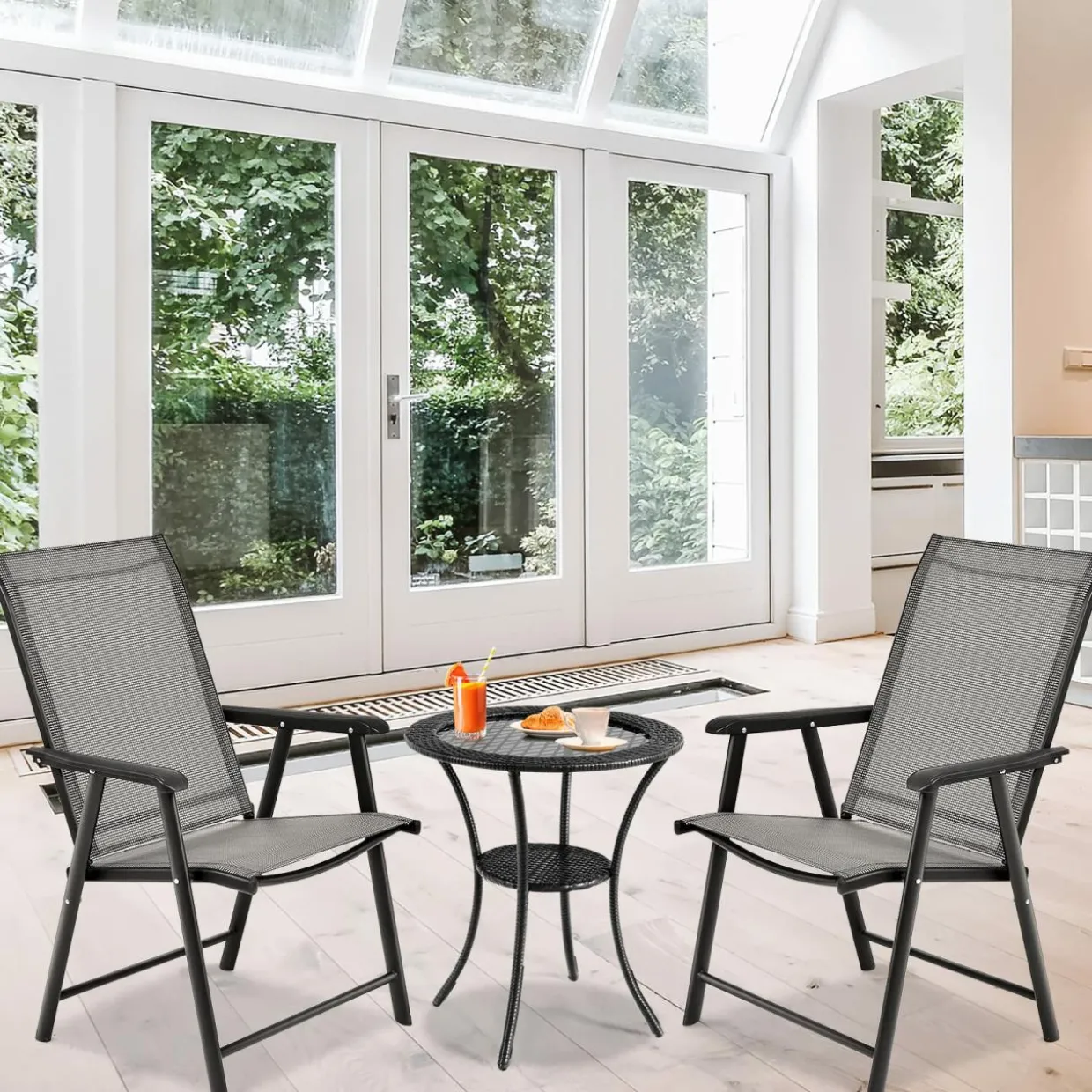 Tangkula Set of 2 Patio Folding Chairs, Fabric Dining Chairs with High Back & Armrests