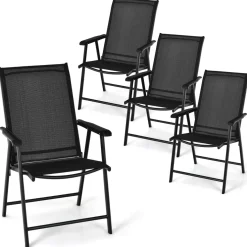 Tangkula Set of 2 Patio Folding Chairs, Fabric Dining Chairs with High Back & Armrests