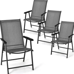 Tangkula Set of 2 Patio Folding Chairs, Fabric Dining Chairs with High Back & Armrests