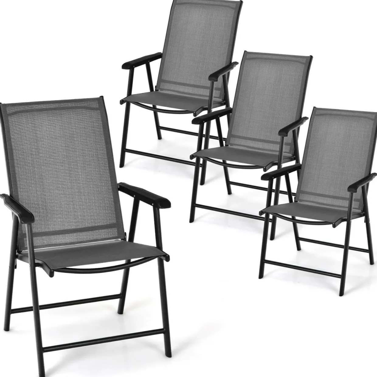 Tangkula Set of 2 Patio Folding Chairs, Fabric Dining Chairs with High Back & Armrests