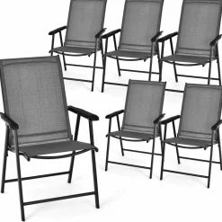 Tangkula Set of 2 Patio Folding Chairs, Fabric Dining Chairs with High Back & Armrests