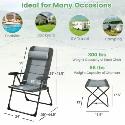 Tangkula Set of 2 Patio Folding Chairs & Ottoman, Padded Lawn Dining Chair Set with 7-Level Adjustable Backrest