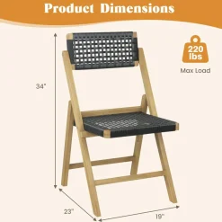 Tangkula Set of 2 Patio Folding Chairs, Solid Teak Wood Dining Chairs with Woven Rope Seat & Back