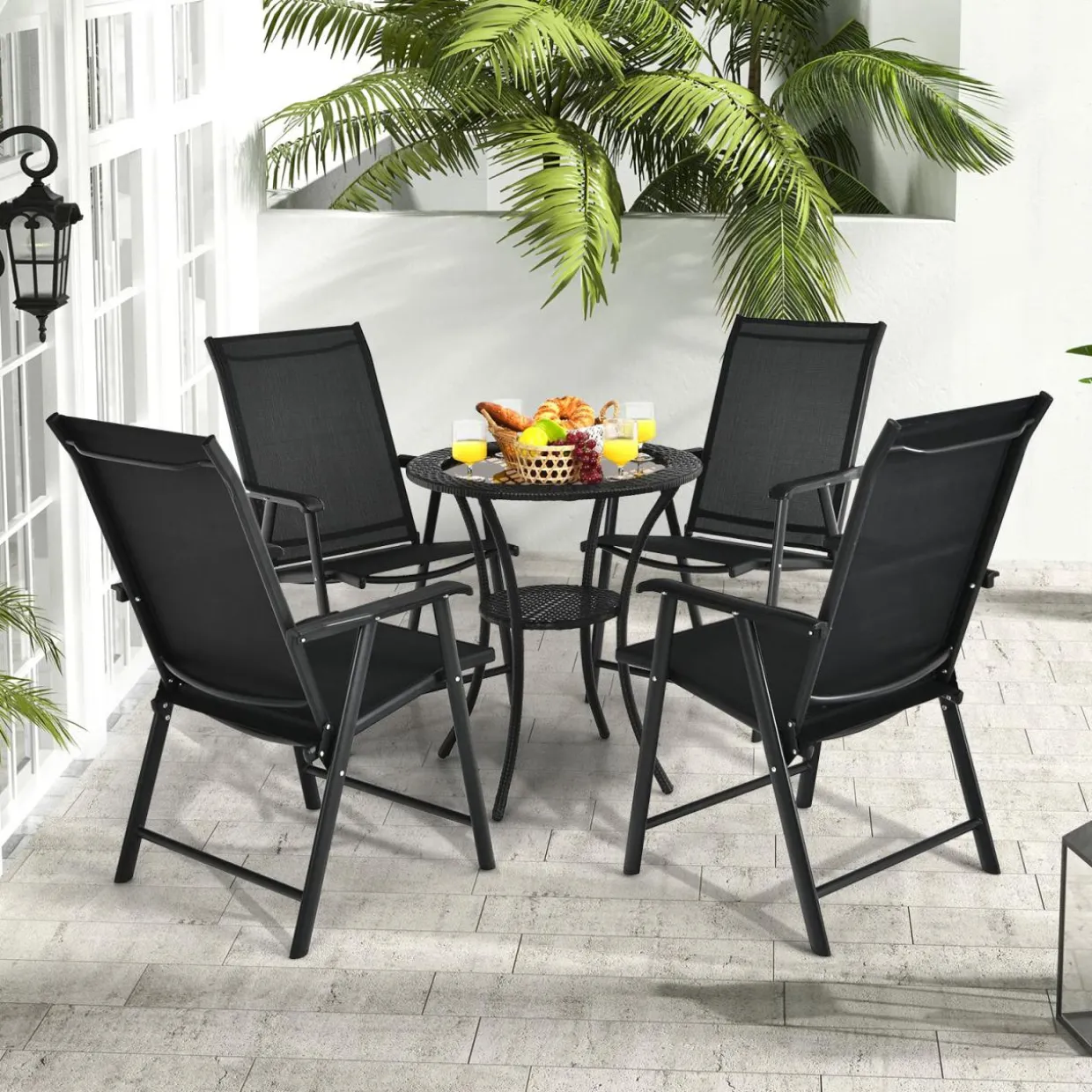 Tangkula Set of 2 Patio Folding Chairs, Fabric Dining Chairs with High Back & Armrests