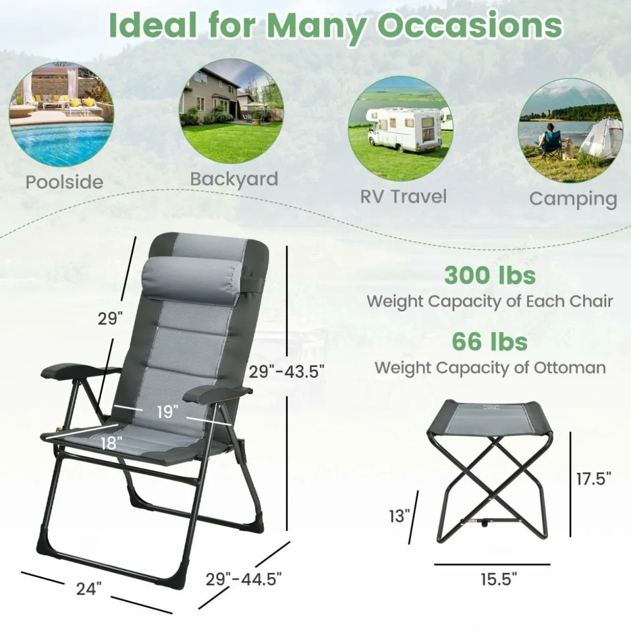 Tangkula Set of 2 Patio Folding Chairs & Ottoman, Padded Lawn Dining Chair Set with 7-Level Adjustable Backrest