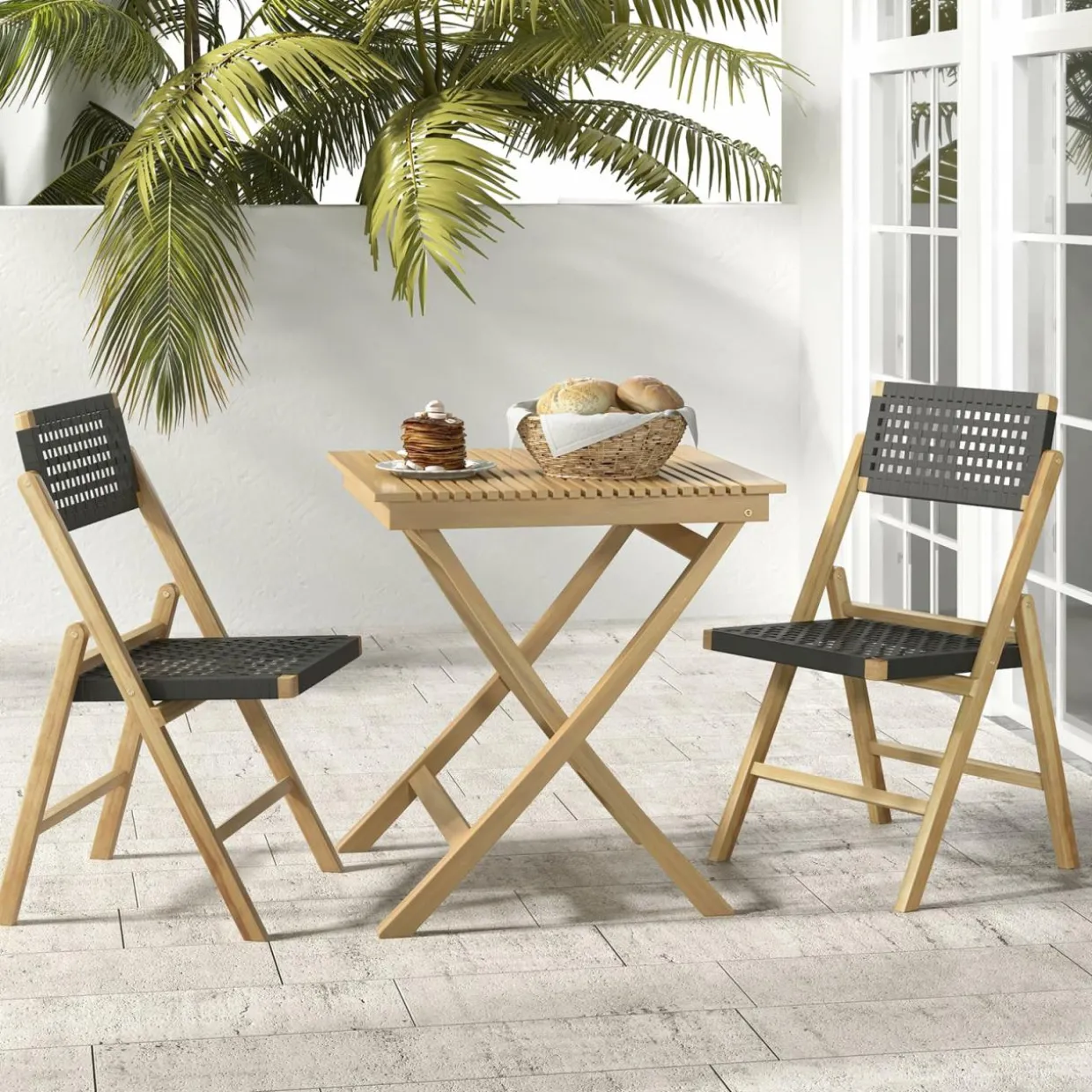Tangkula Set of 2 Patio Folding Chairs, Solid Teak Wood Dining Chairs with Woven Rope Seat & Back