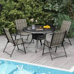 Tangkula Set of 4 Patio Folding Chairs, Outdoor Wicker Dining Chairs with Armrests (4, Mix Gray)
