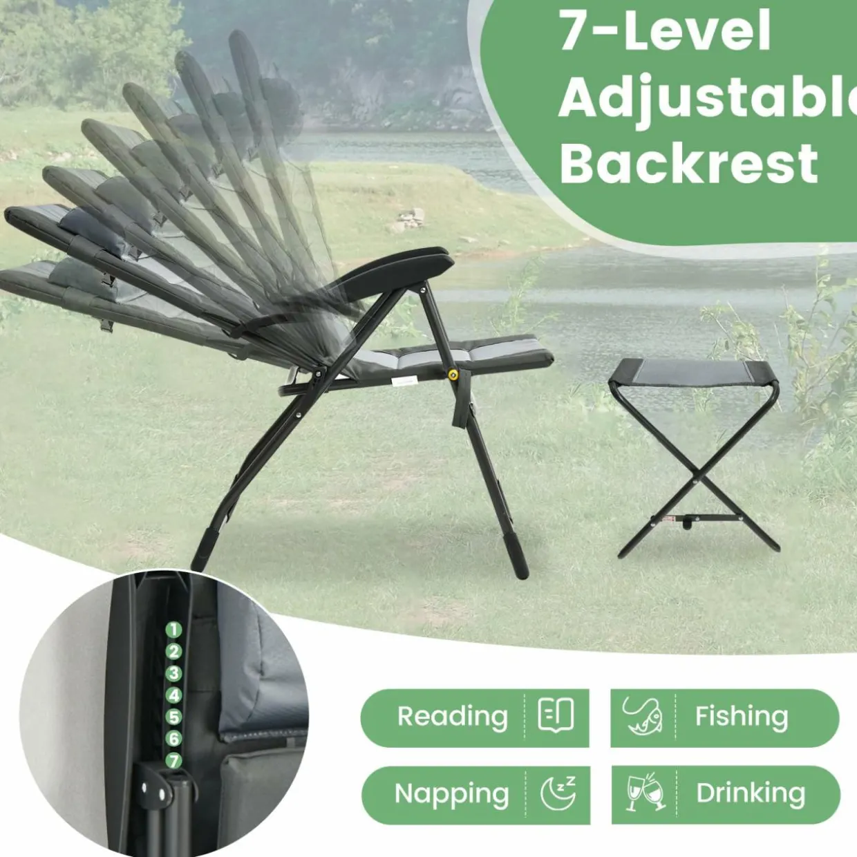 Tangkula Set of 2 Patio Folding Chairs & Ottoman, Padded Lawn Dining Chair Set with 7-Level Adjustable Backrest