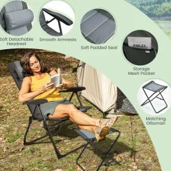 Tangkula Set of 2 Patio Folding Chairs & Ottoman, Padded Lawn Dining Chair Set with 7-Level Adjustable Backrest