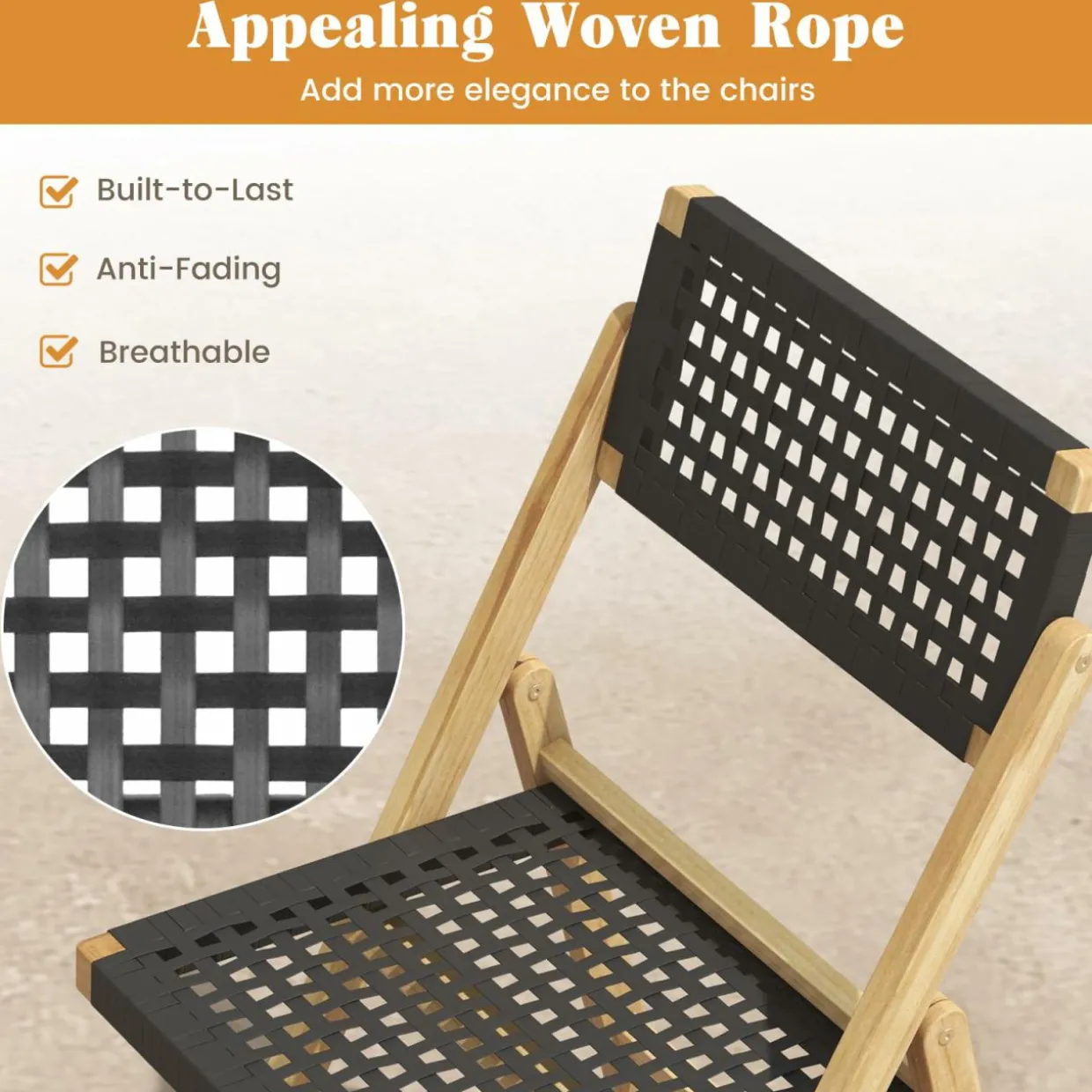 Tangkula Set of 2 Patio Folding Chairs, Solid Teak Wood Dining Chairs with Woven Rope Seat & Back