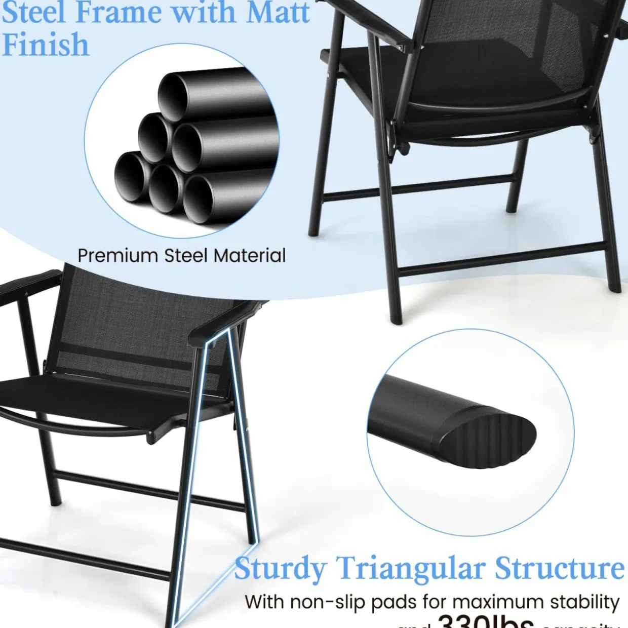 Tangkula Set of 2 Patio Folding Chairs, Fabric Dining Chairs with High Back & Armrests