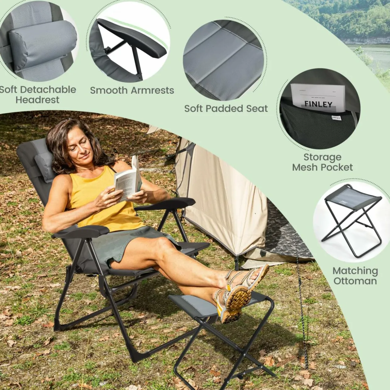 Tangkula Set of 2 Patio Folding Chairs & Ottoman, Padded Lawn Dining Chair Set with 7-Level Adjustable Backrest