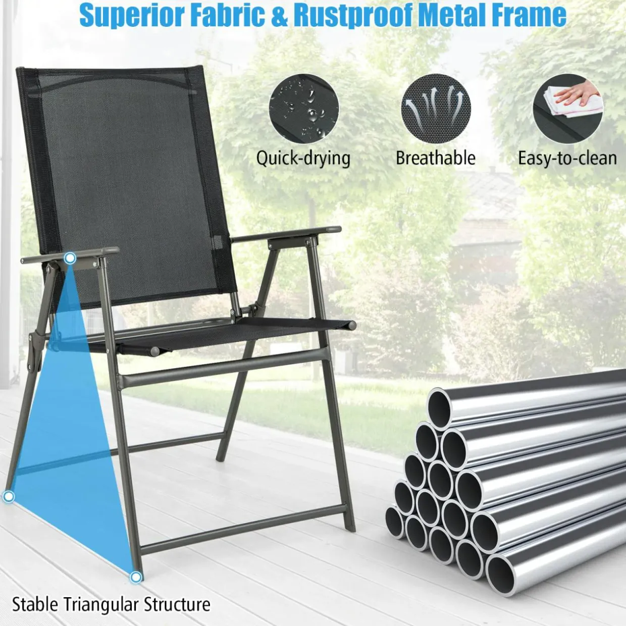 Tangkula Set of 2/4 Patio Folding Chairs, High Back Dining Chairs with Weather-Resistant Fabric