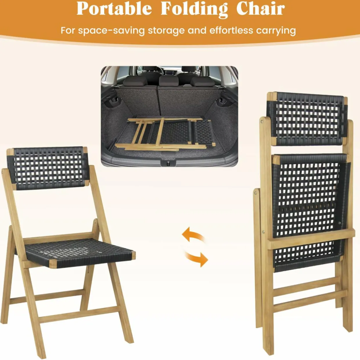 Tangkula Set of 2 Patio Folding Chairs, Solid Teak Wood Dining Chairs with Woven Rope Seat & Back